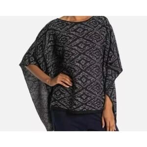 Eileen Fisher Organic Linen Textured Weave Poncho Knit Top Black White One Size
